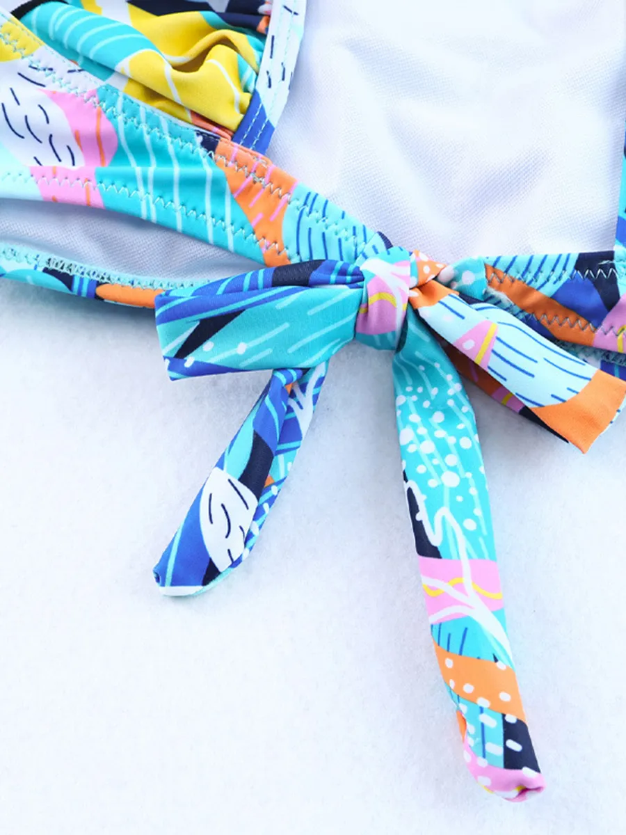 Printed Ruffled High Waist Tied Bikini Suit