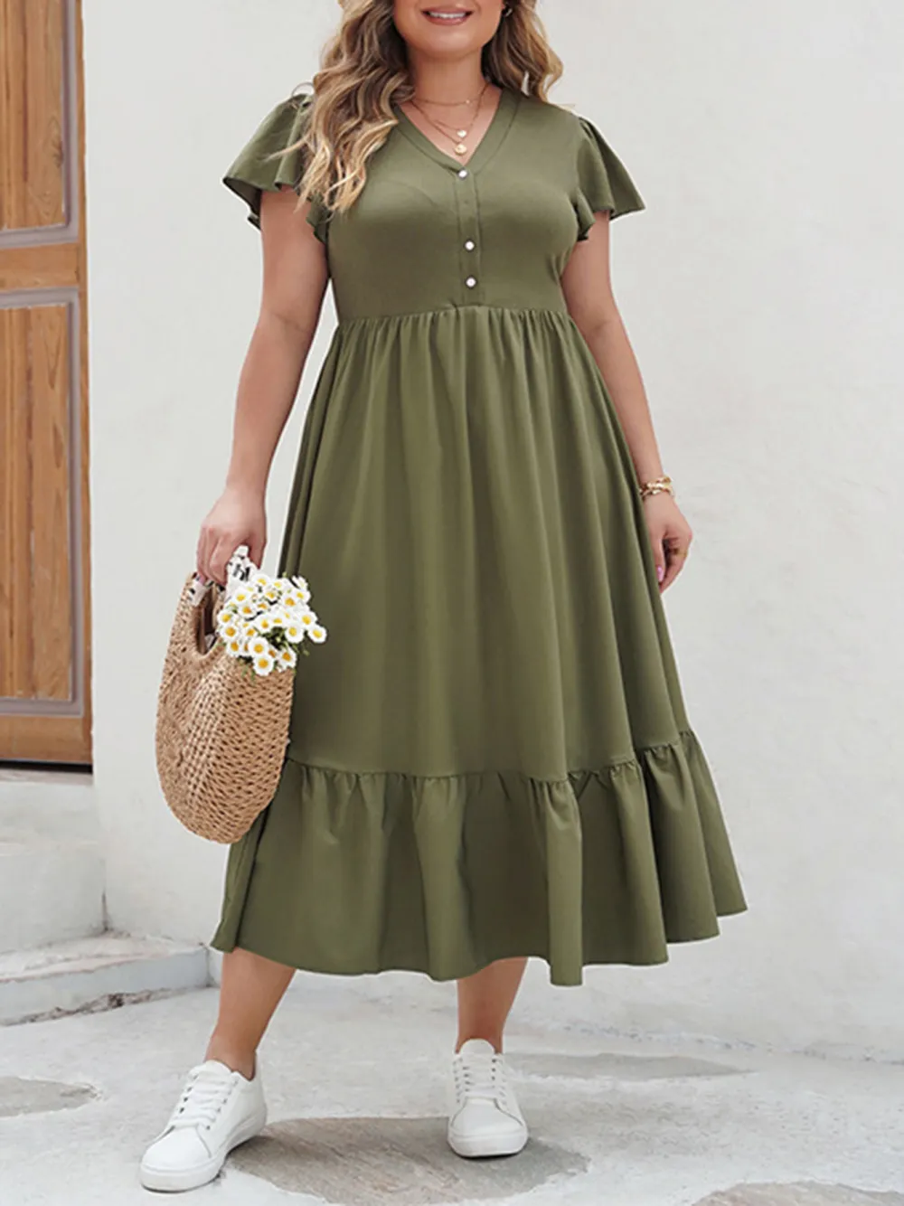 Plus Size Women Dress V Neck Lotus Sleeve Casual Loose Swing Long Dress