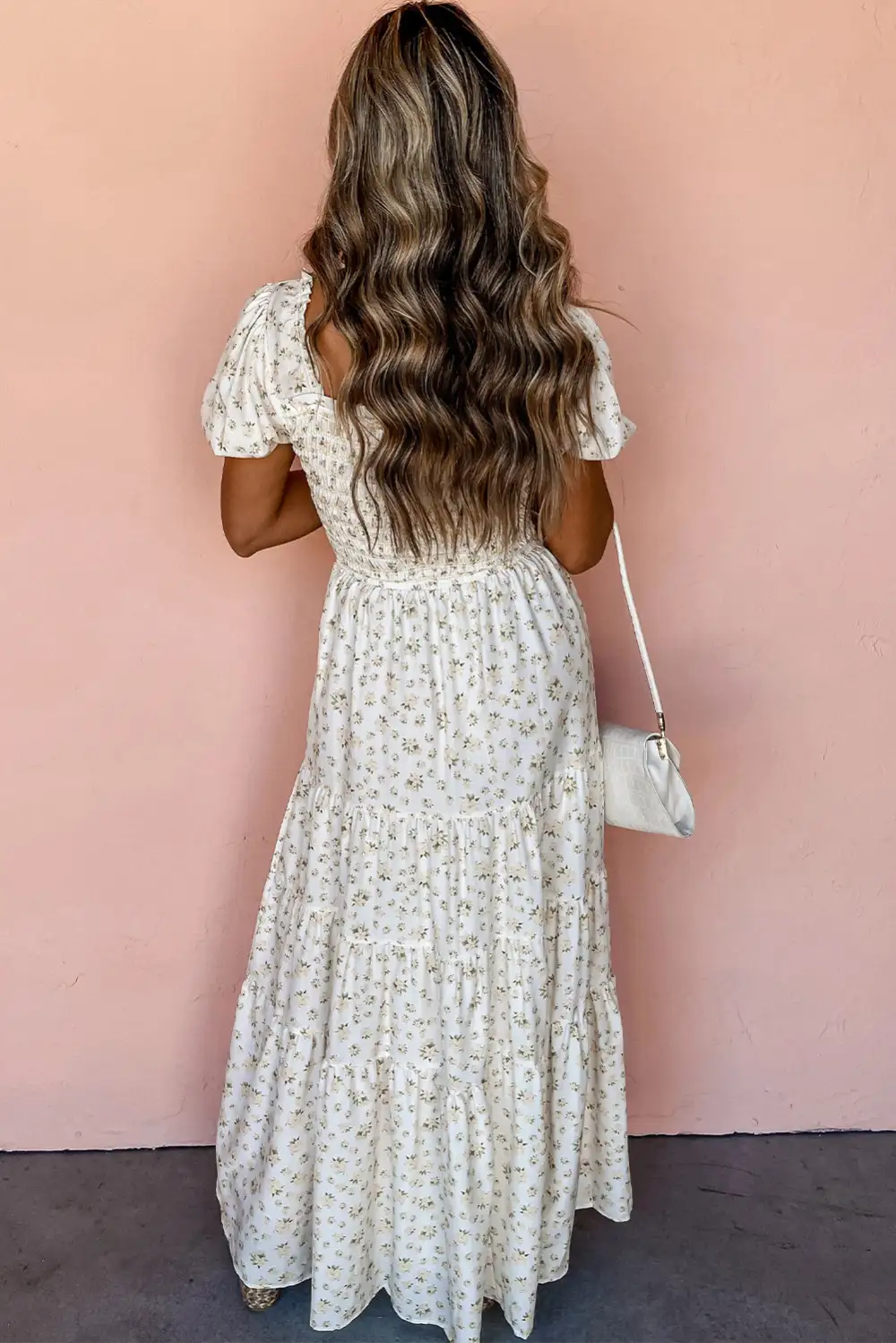 White Shirred Bodice Tiered Floral Maxi Dress