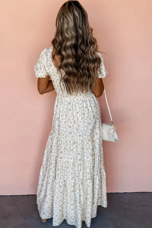 White Shirred Bodice Tiered Floral Maxi Dress