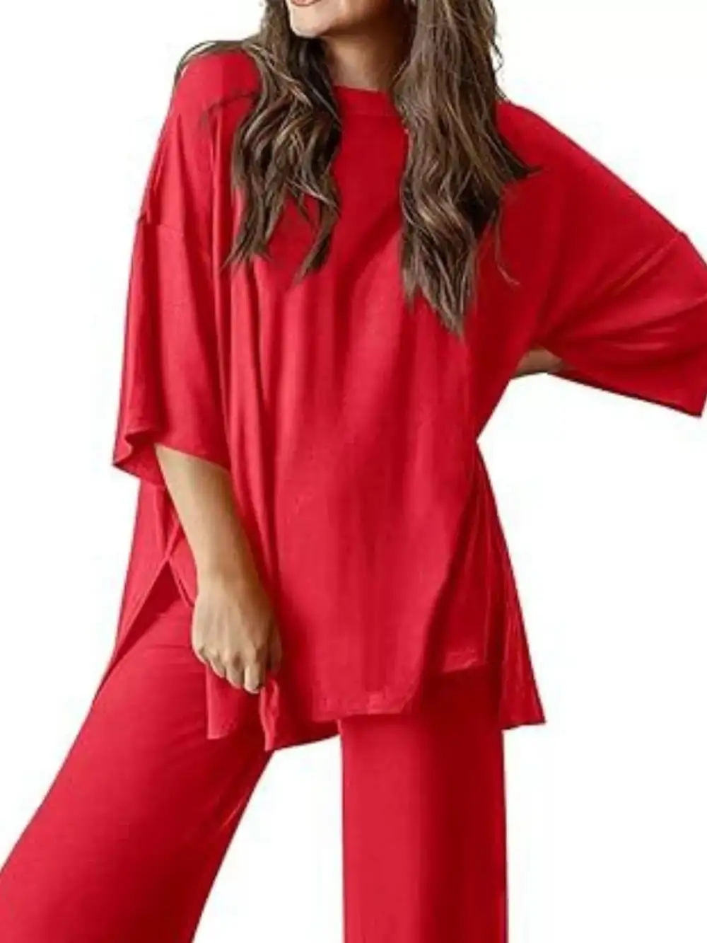 Relaxed Fit Round Neck Top and Pants Two Piece Set