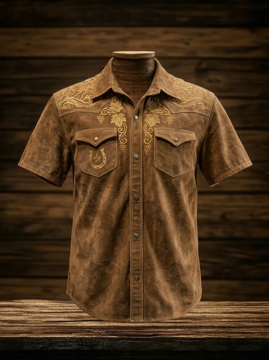 Men's Western Cowboy Horseshoe Grape Vine Printed Shirt