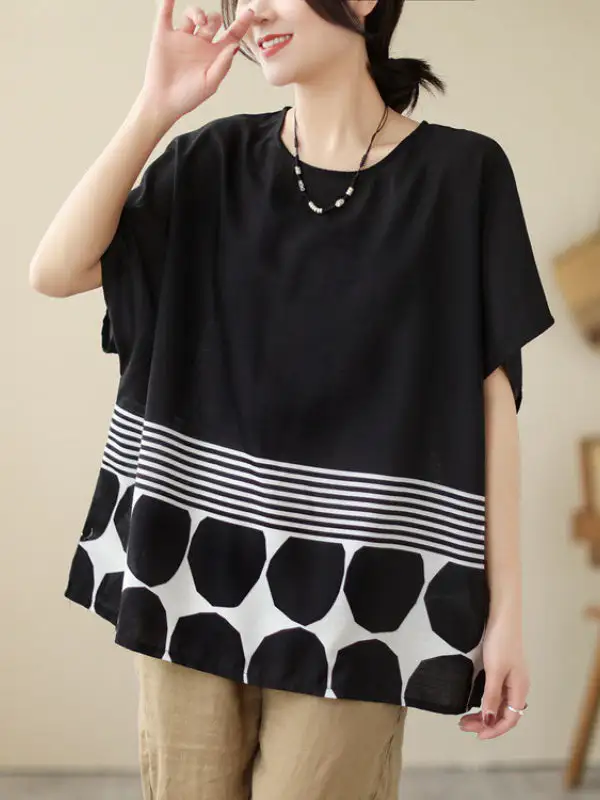 Relaxed Short Sleeve Polka Dot Panel Detail Stripe Round Neck T-Shirt