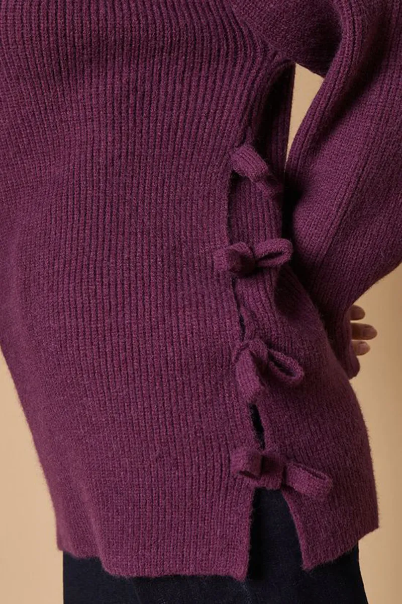 Casual Style Bow Side V Neck Sweaters