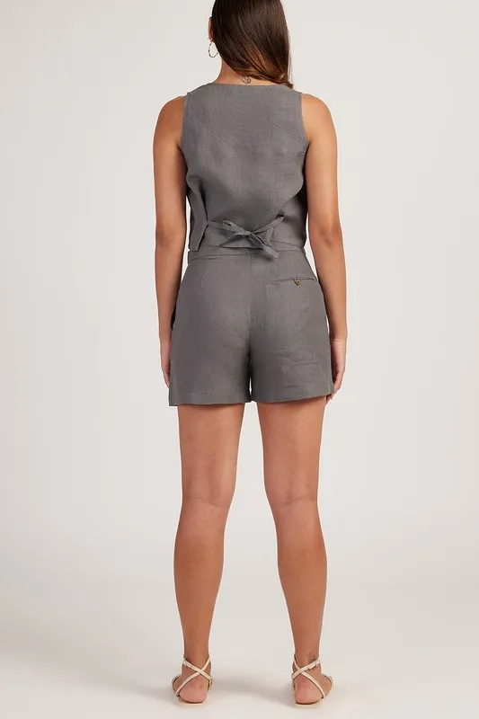 Slate Gray Linen Matching Set with Crop Tank & Tailored Shorts