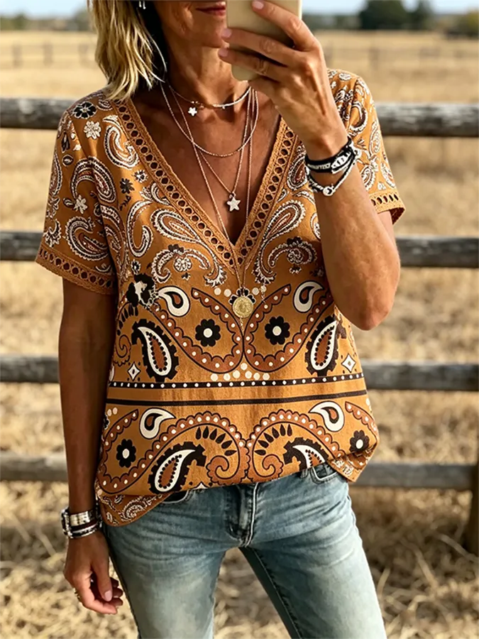Women's Paisley Print V Neck Trim Short Sleeve Boho Western Shirt