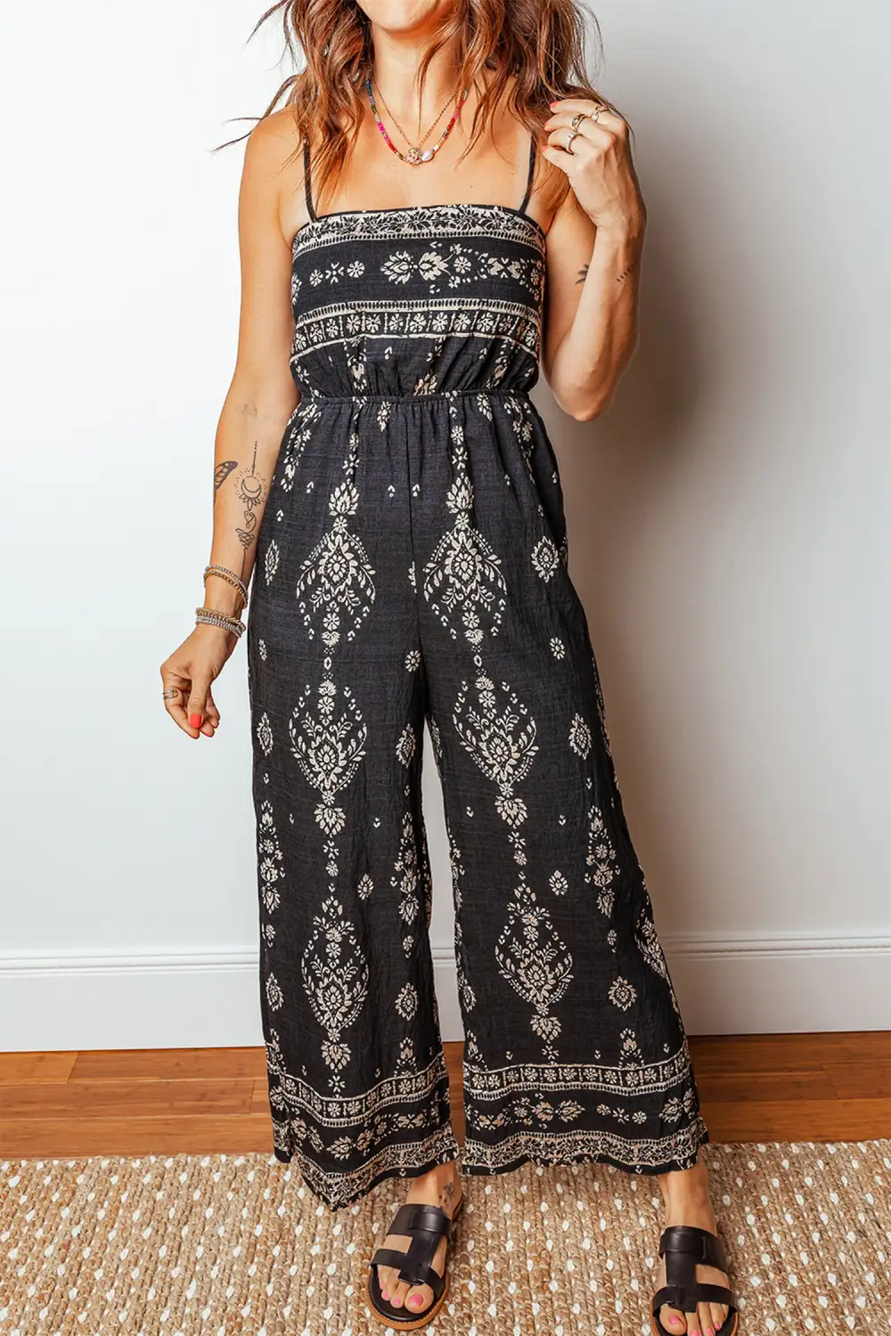 Spaghetti Straps Elastic Waist Loose Ethnic Print Jumpsuit
