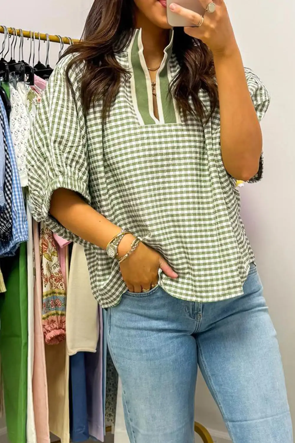 Green Plaid Short Sleeve Colorblock Trim Split Neck Blouse