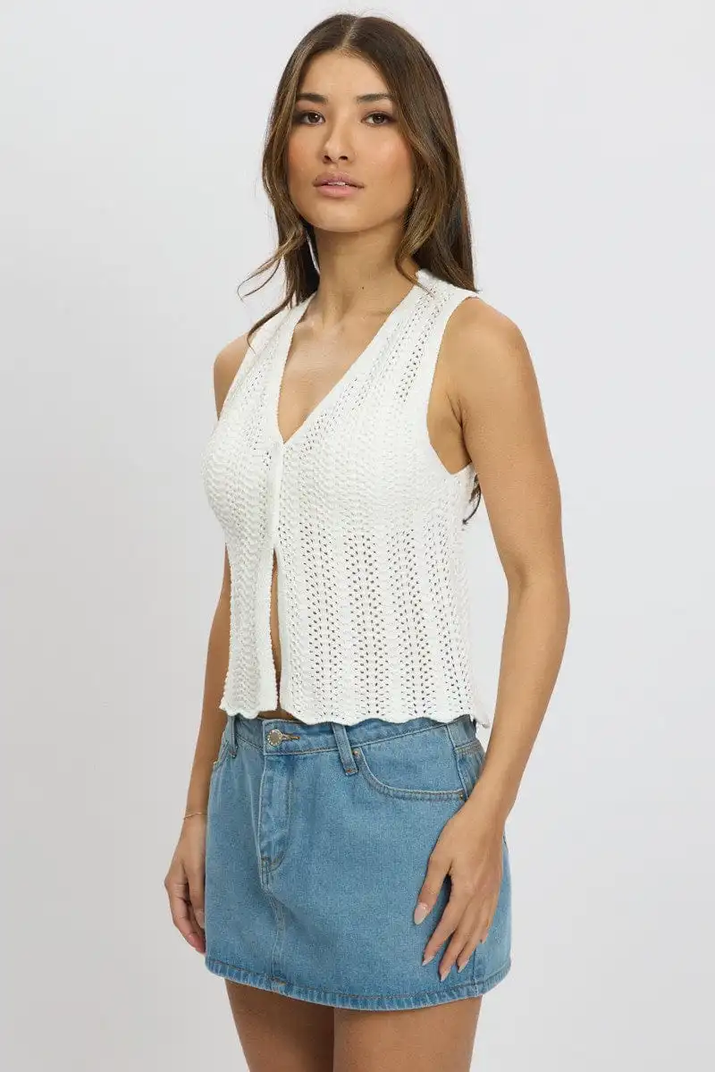 White Crochet Knit Vest V Neck