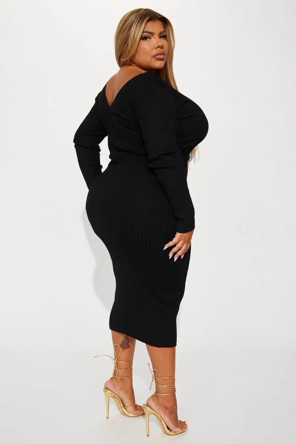 Rocking Baddie V- Neckline Midi Dress - Black