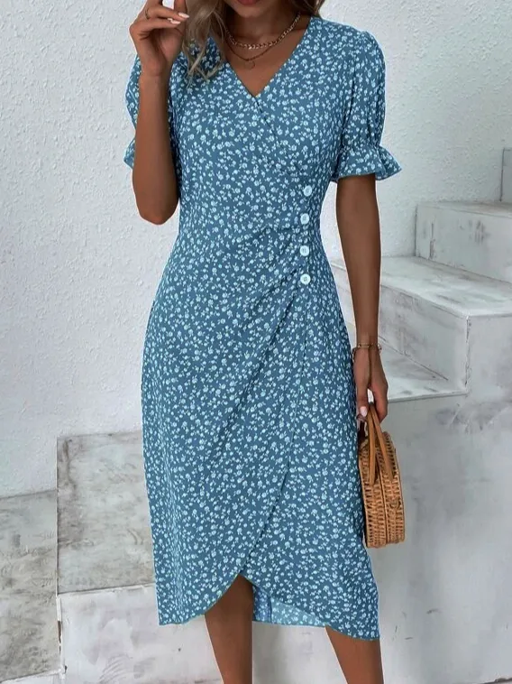 Women Vacation Floral Print V Neck Button Dress