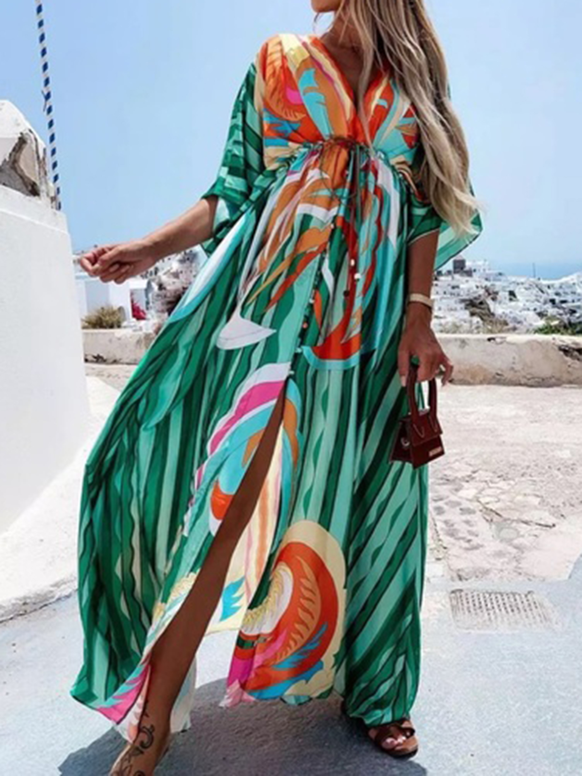 Holiday Style V Neck Slim Fit Printed Long Dress