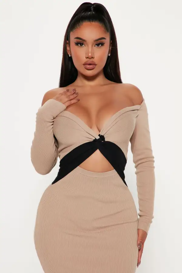 Think of U Sweater Midi Dress - Taupe/combo
