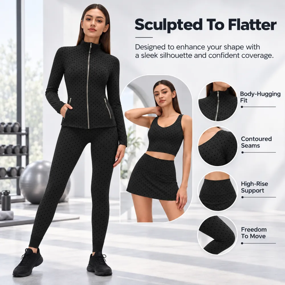 Women's Summer Long Sleeve Zip-Up Jacket, Stand Collar Polka Dot Texture Slim Fit Athletic Jacket for Skirts or Shorts, Nylon Spandex Brushed Fabric Stretchy Sports Outerwear for Yoga