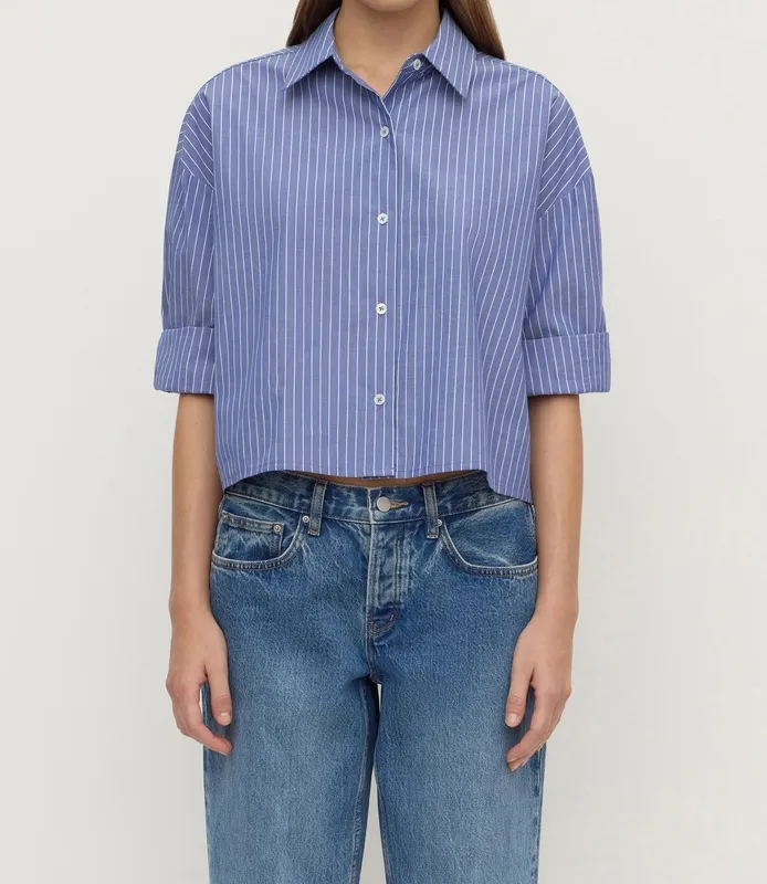Blue & White Striped Cropped Cotton Shirt