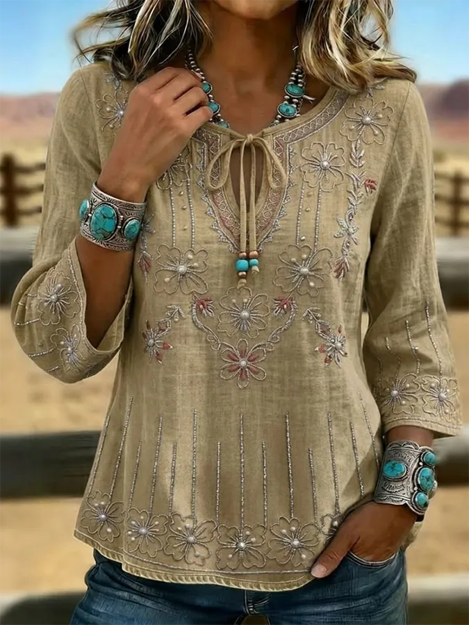 Women's Vintage Western Floral Print Slim Fit Top