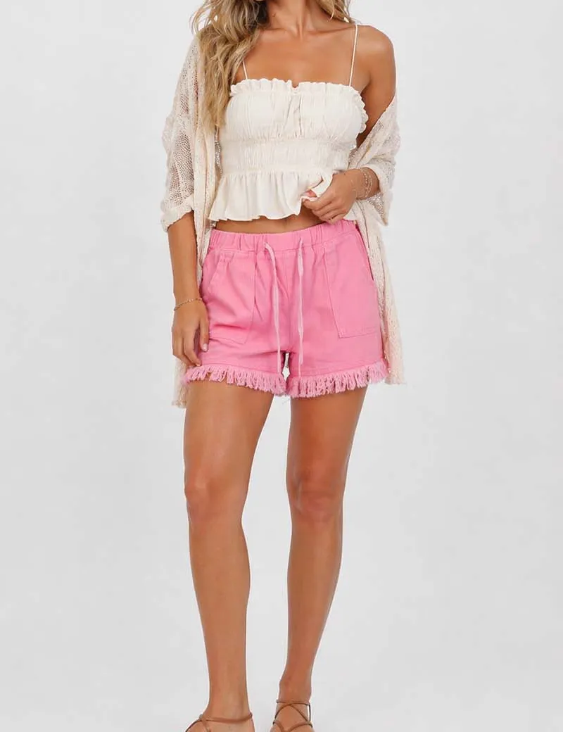 Solid Color Drawstring Waist Frayed Hem Denim Shorts