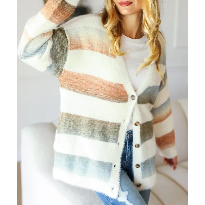 Full Size Button Down Stripe Soft Fuzzy Sweater Cardigan