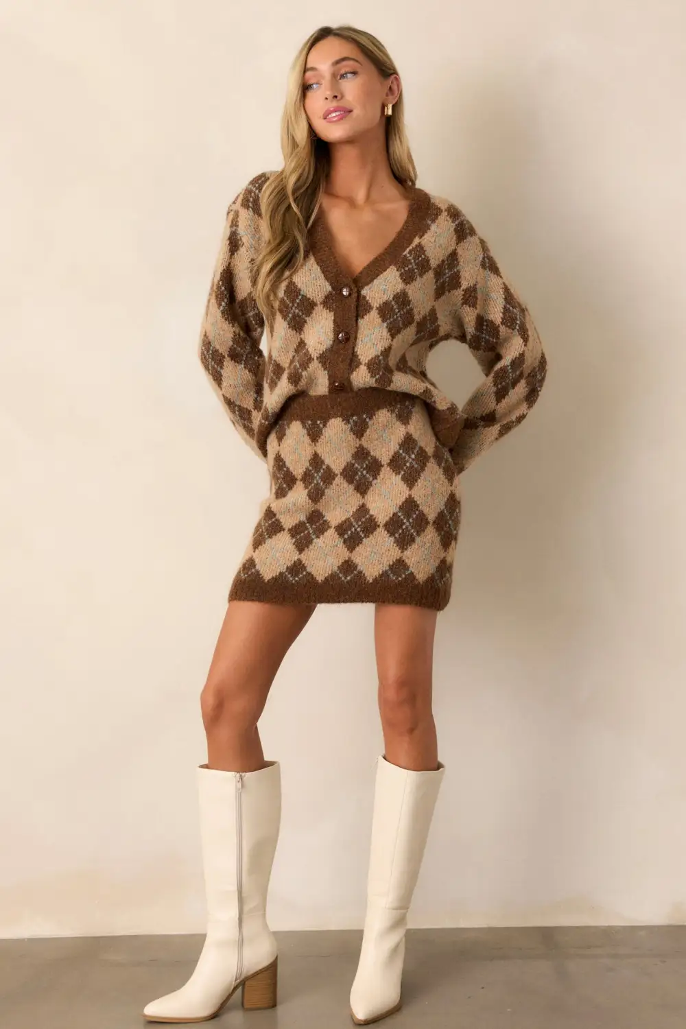 Radiant Moon Brown Argyle Knit Cardigan