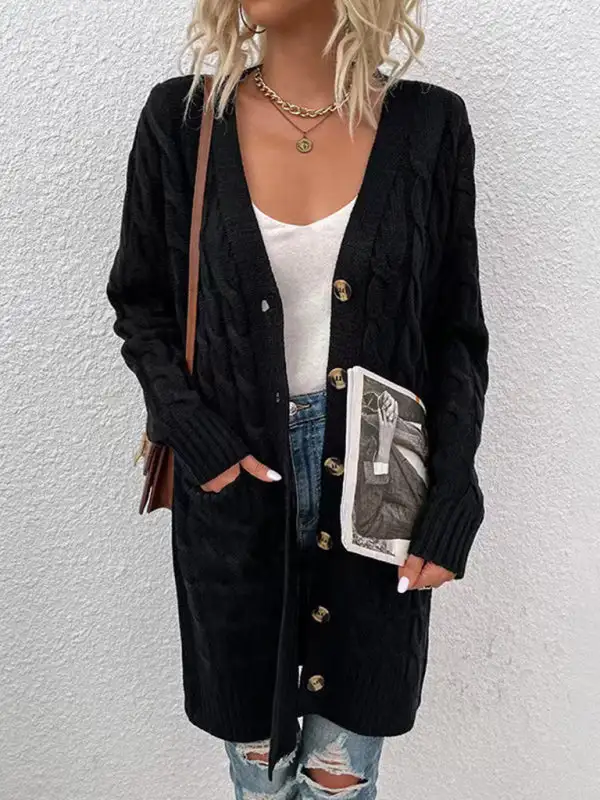 Women’s V-Neck Button-Up Long Cardigan with Pockets