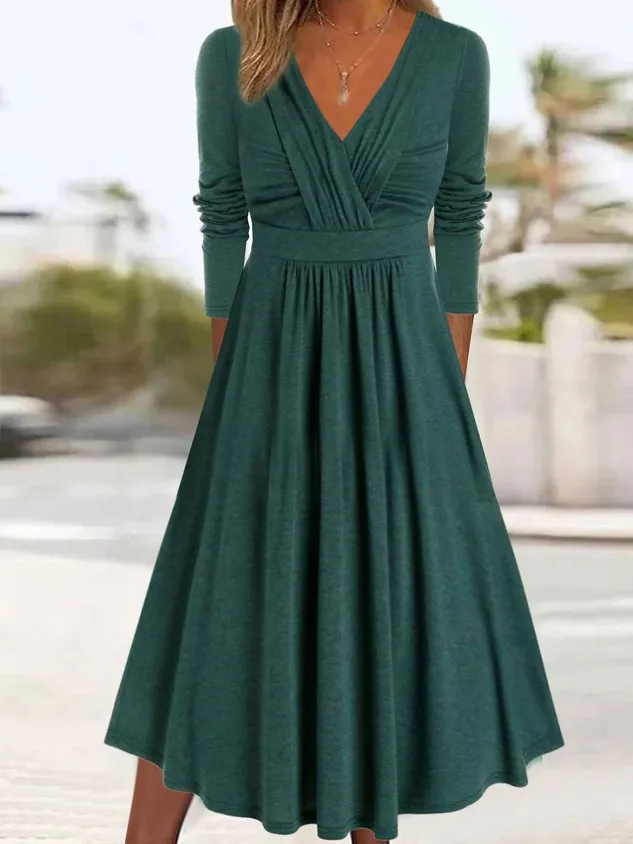 Women Plain V Neck Long Sleeve Comfy Casual Cross Maxi Dress