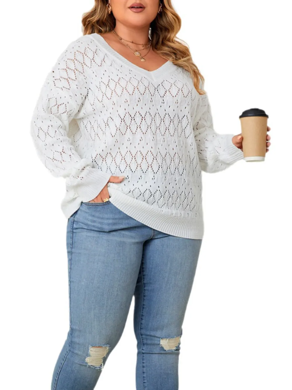 Pullover Sweater For Women With Large Size Hollow V Neck Top