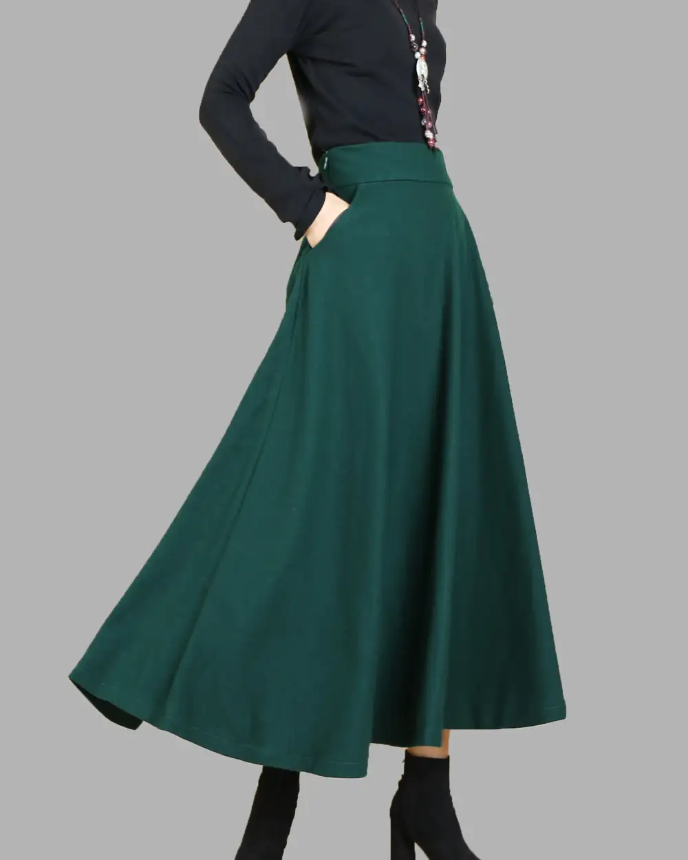 Airy Pocketed Wool Flared Maxi Skirt