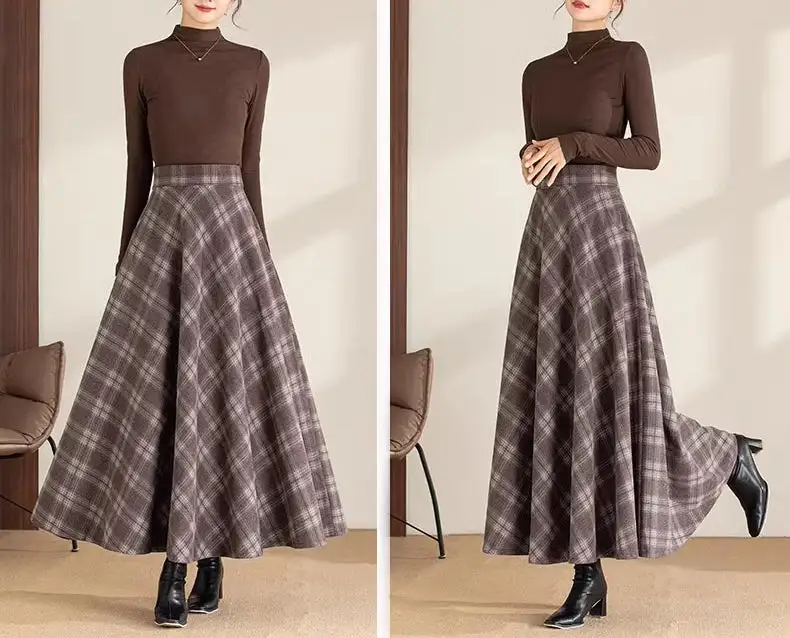 Relaxed Plaid Wool A Line Maxi Skirt