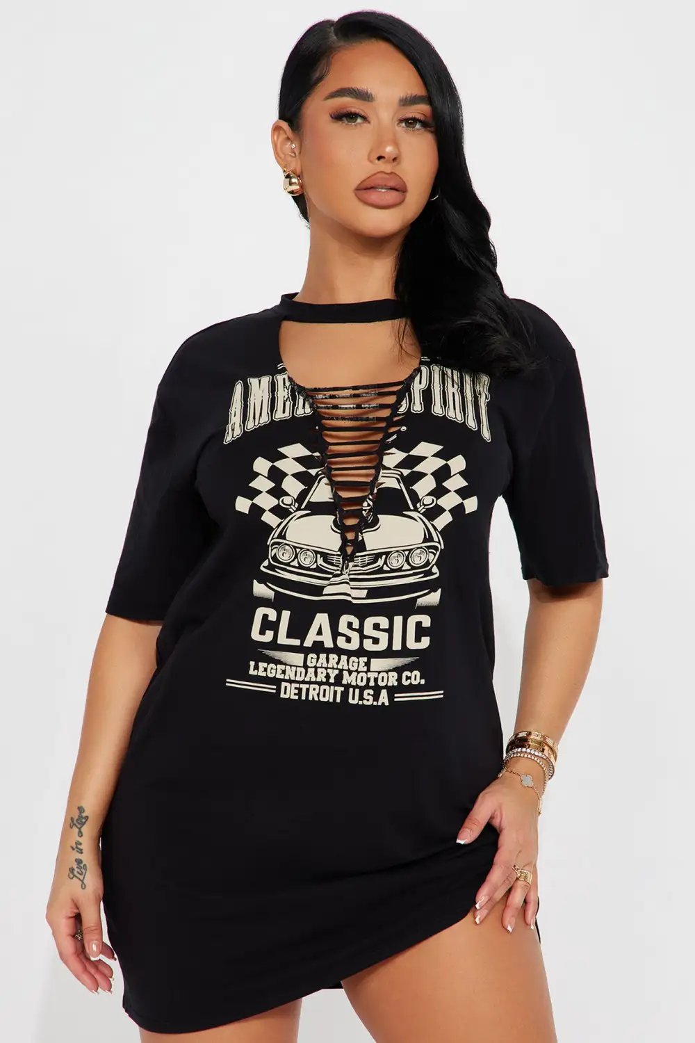 American Spirit Distressed T-Shirt Dress - Black