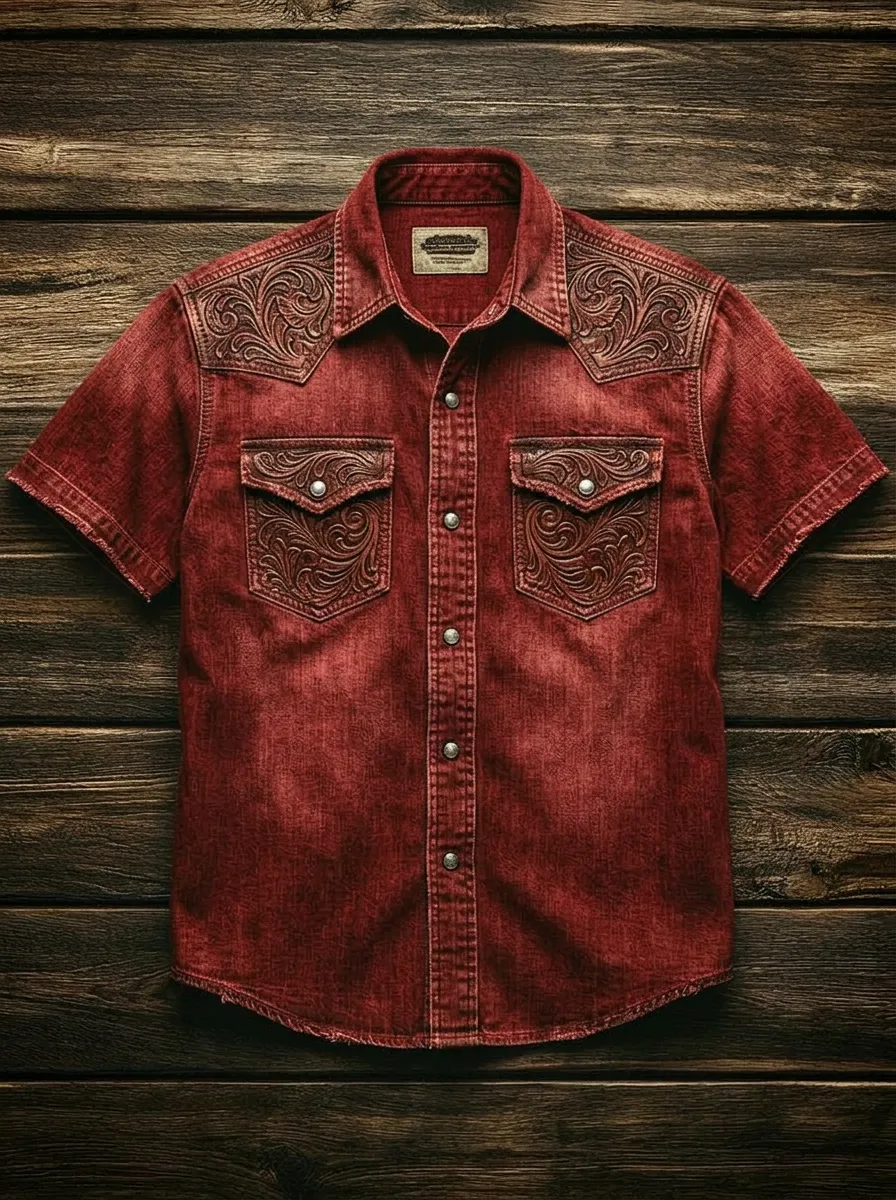 Men's Western Cowboy Floral Tooled Leather Printed Shirt-2