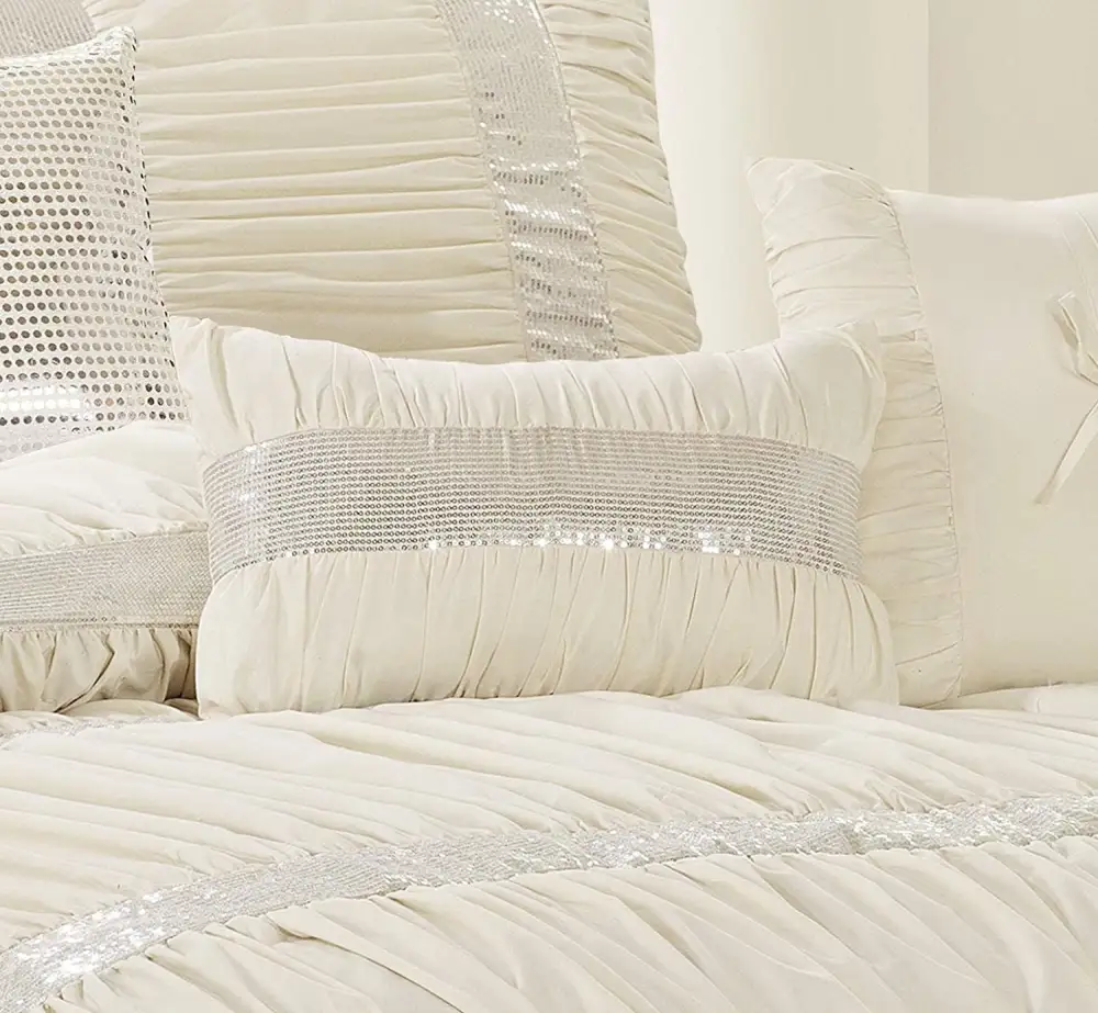 7 Piece Microfiber Ruffles Sequins Embroidery Bed In A Bag Comforter Set-Claraita