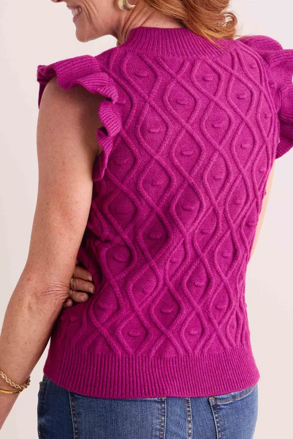 Purple Cable Knit Ruffled Sleeve Sleeveless Sweater