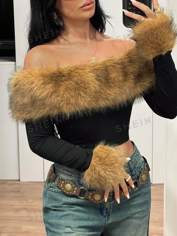 Women's Colorblock Plain Contrast Faux Fur Blouse