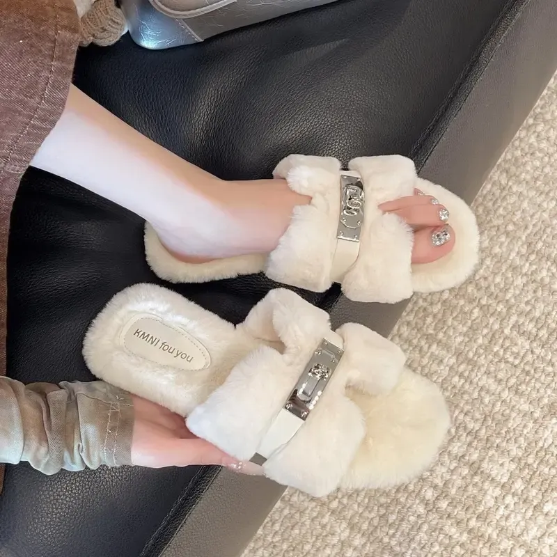 Flat Fuzzy Slide Slippers Open Toe Plush Cotton Outdoor Slippers