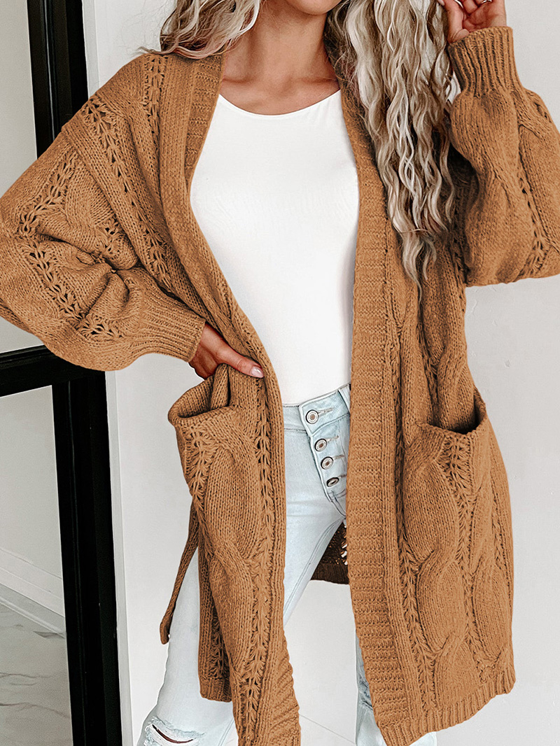 Khaki Ribbed Trim Eyelet Cable Knit Cardigan