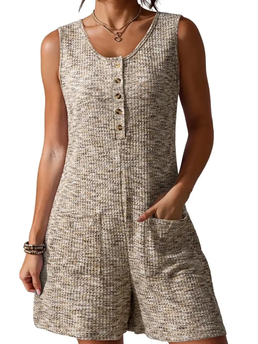 Button Front Sleeveless Romper