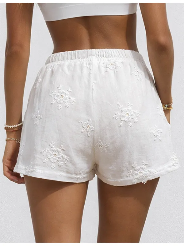 Embroidery Lace Sheer Wide Leg Shorts