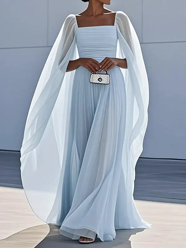 Cape Pleated Neck Maxi Dress