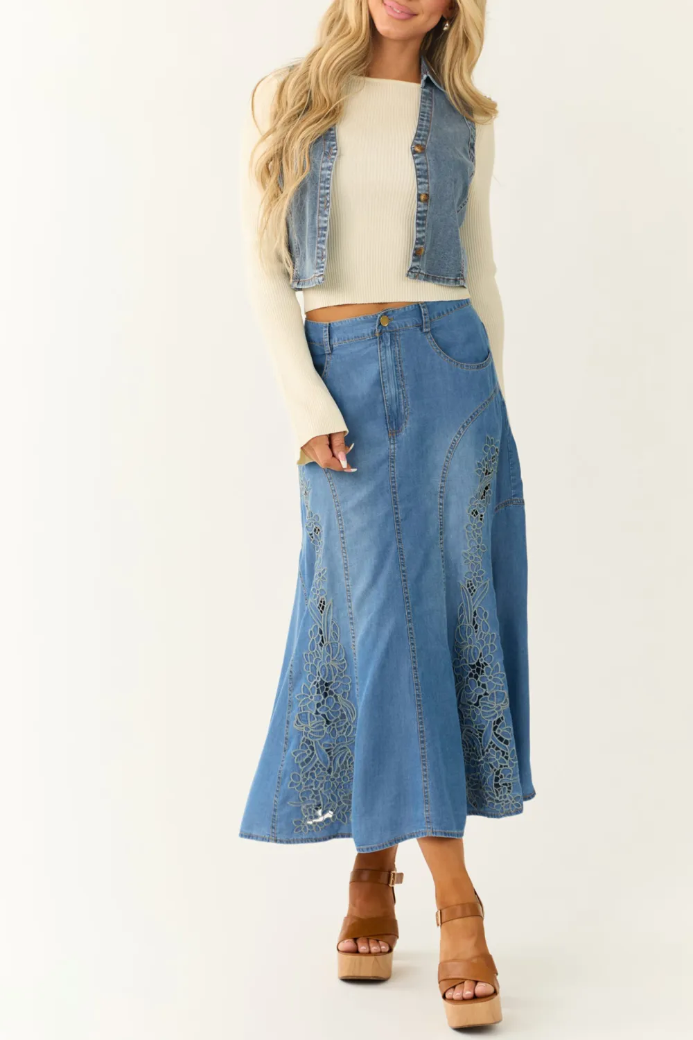 Medium Wash Denim Floral Embroidered Maxi Skirt