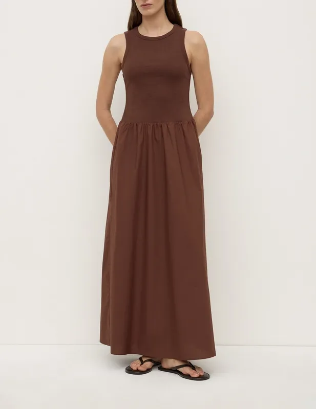 Espresso Drop-Waist Cotton Maxi Dress