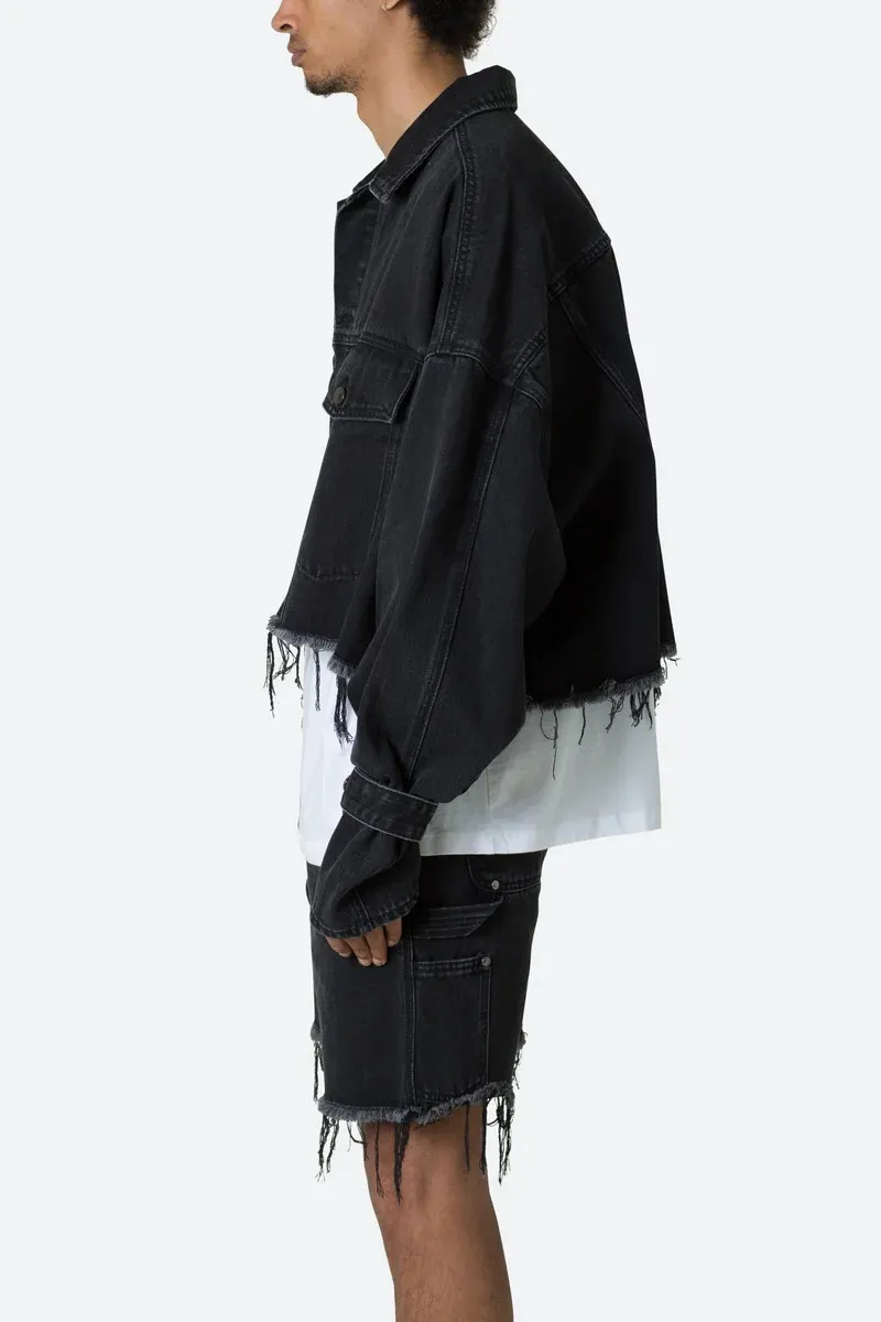 BLACK CROP STYLE DISTRESSED DENIM JACKET