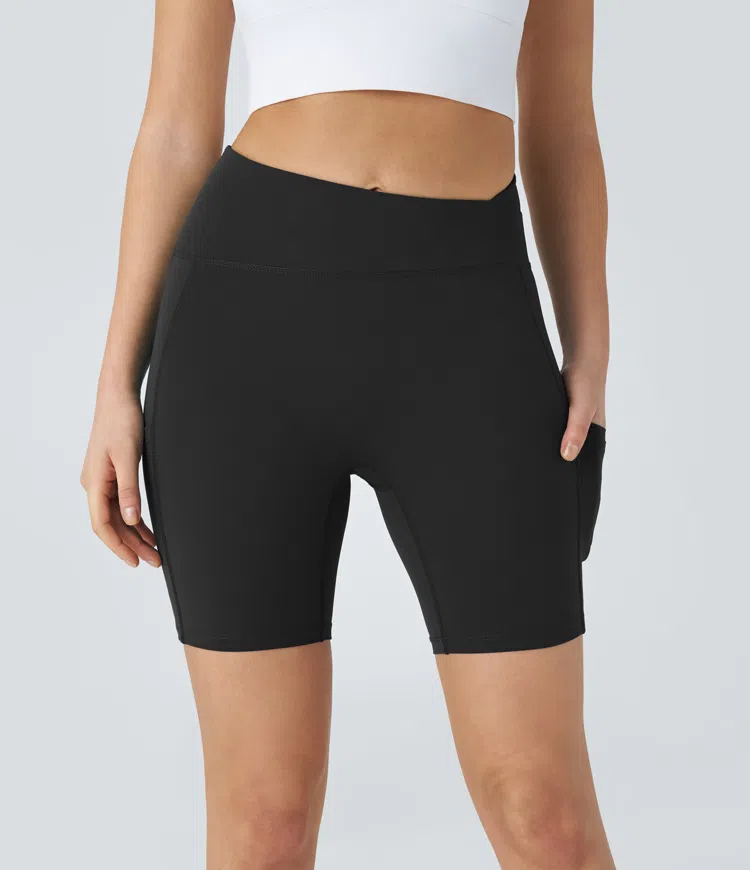 High Waisted Crossover Side Pocket Workout Biker Shorts 7''