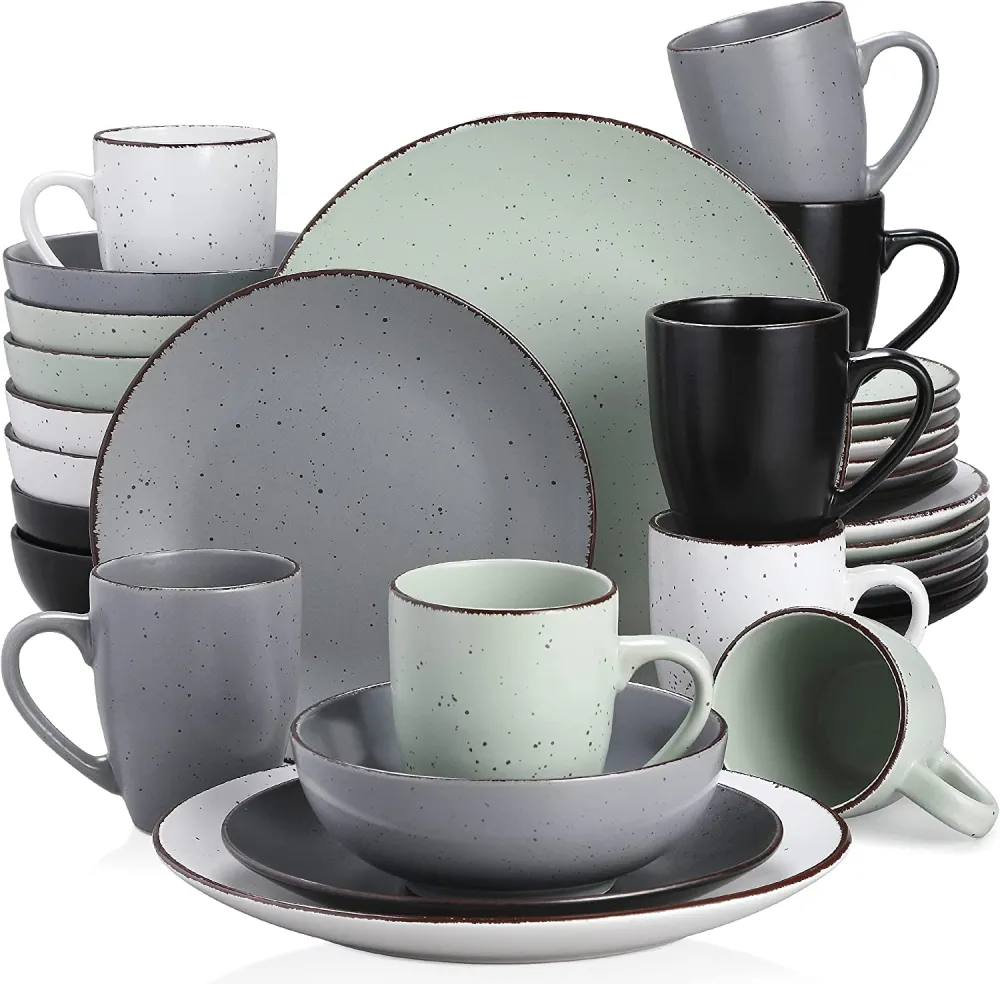 vancasso Navia Ceramic Dinnerware Set, 48 pieces Set of 12 Stoneware Spray Spot Patterned Service Dish with Dinner Plates, Salad Plates, Bowls, Mugs - Grey