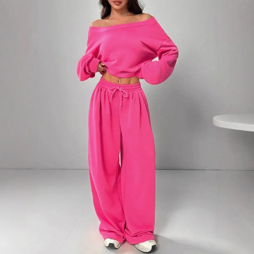 Women's Casual Long Sleeve Sweatshirt & Wide Leg Drawstring Pants