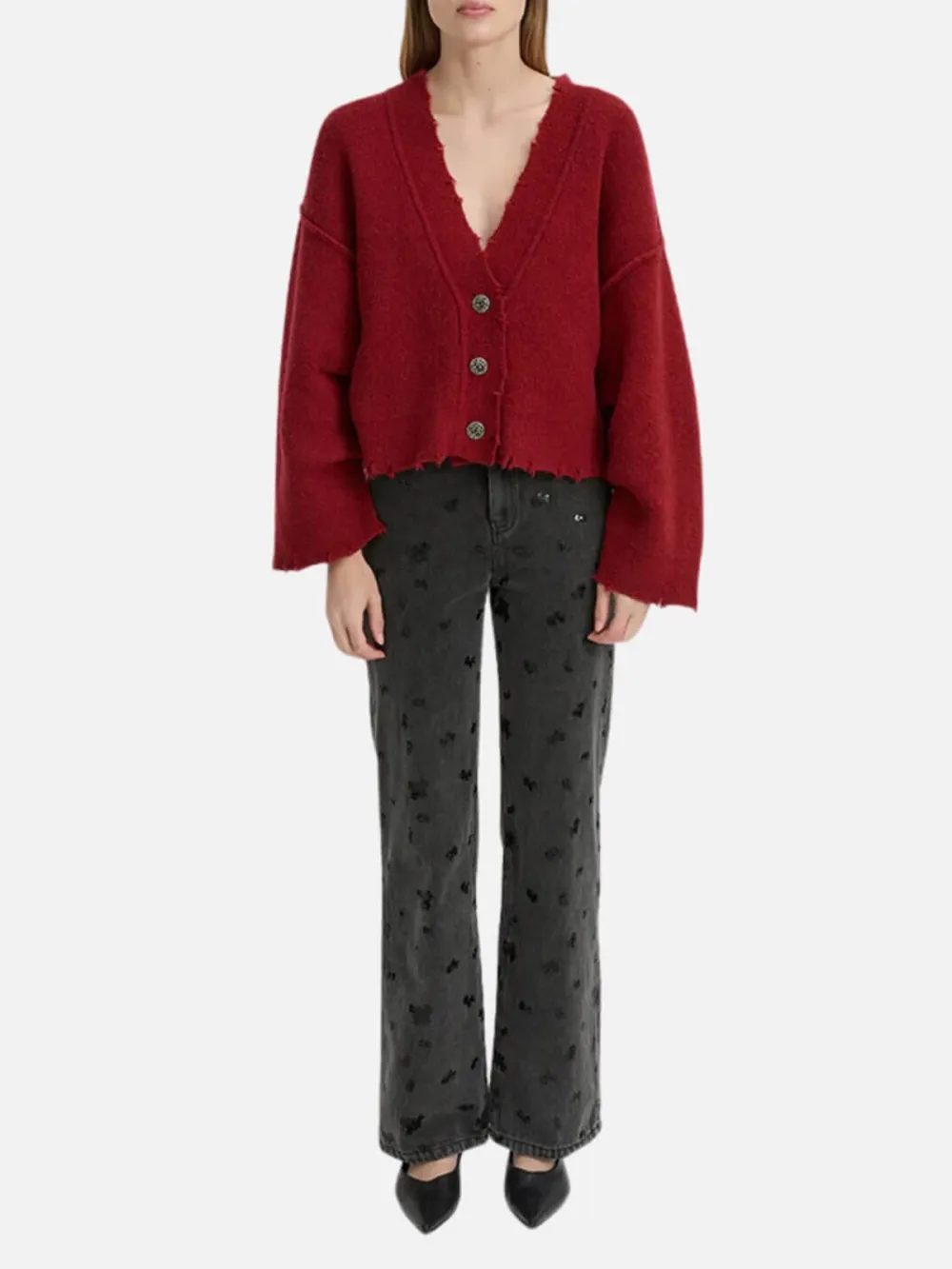 Drop Shoulder Long Sleeve Cardigan-Red