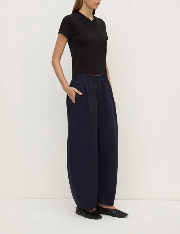 Navy Voluminous Cotton Barrel-Leg Pant