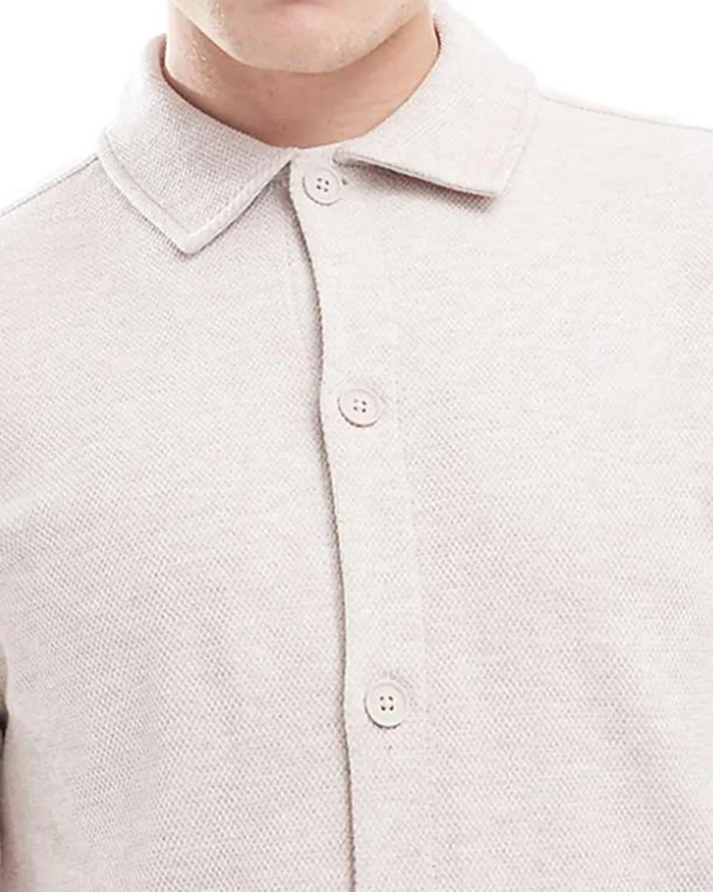 Long Sleeve Button Through Polo Shirt In Off White Jersey