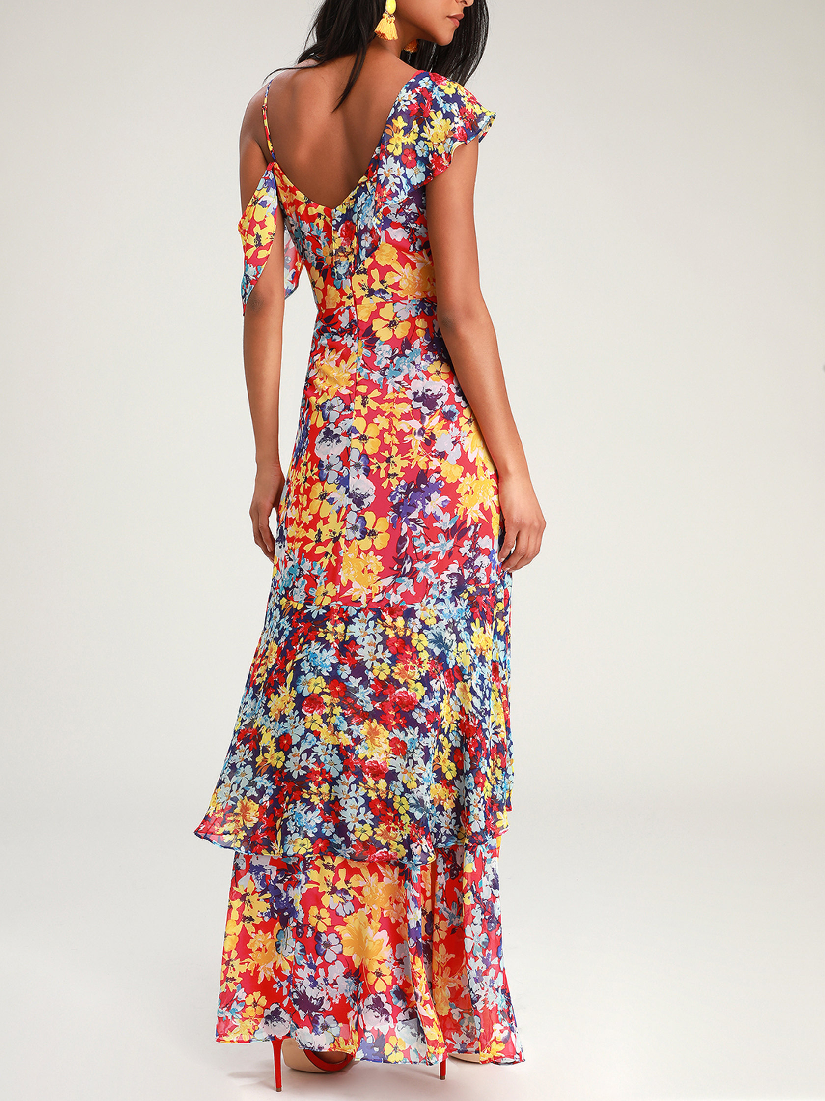 Radiant Ruby Red Floral Print Chiffon Maxi Dress