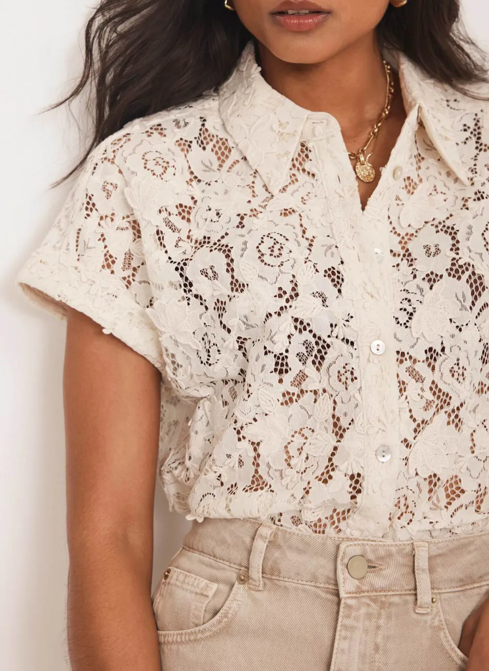 Casual Style Cream Lace Shirt