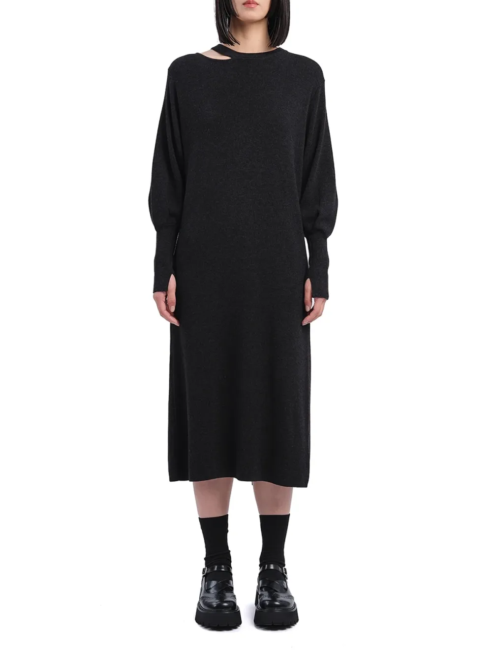 Long - Sleeve Loose - Fit Midi Dress